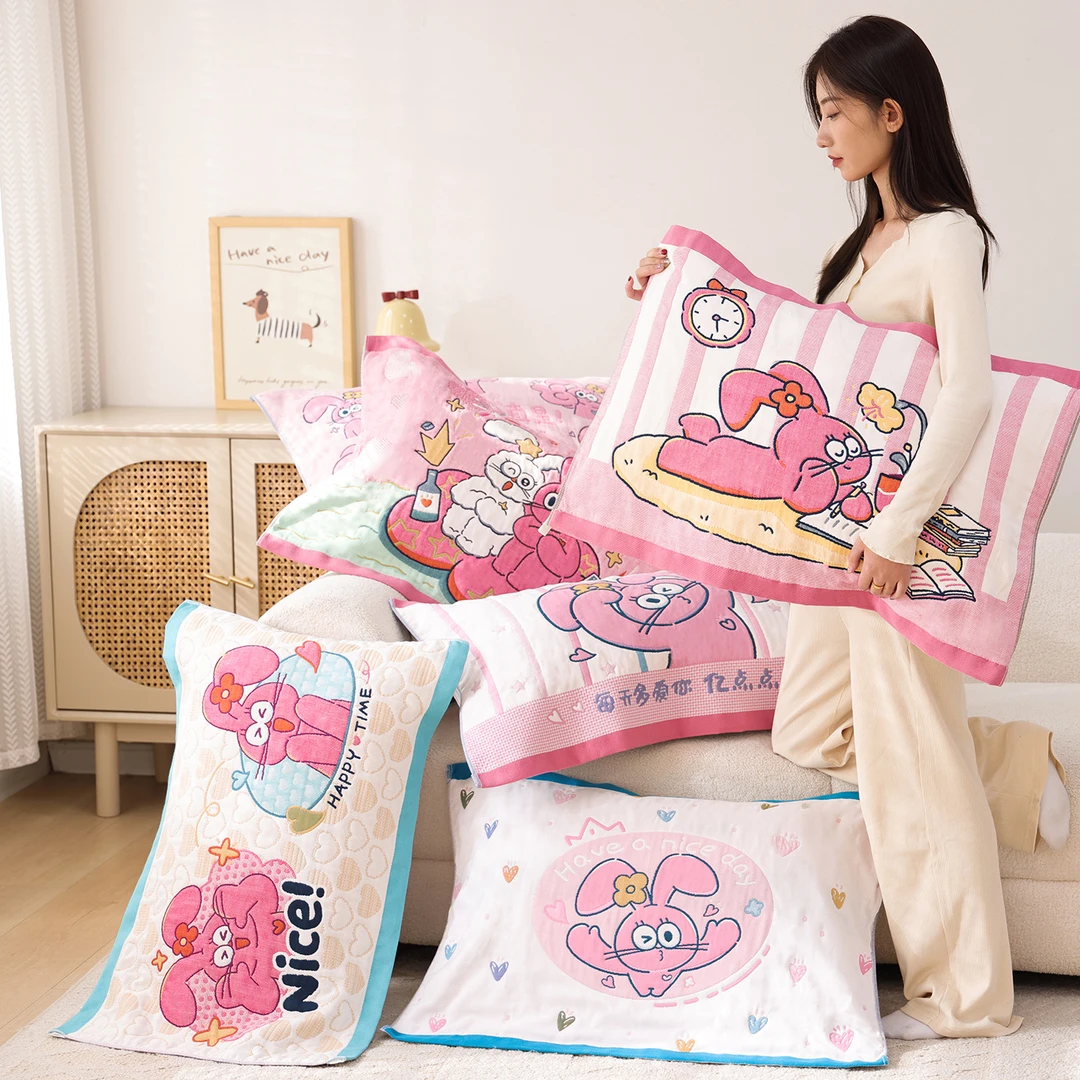 卜卜兔加厚八层纯棉纱布枕巾新款一对装四季用吸汗透气全棉枕头巾