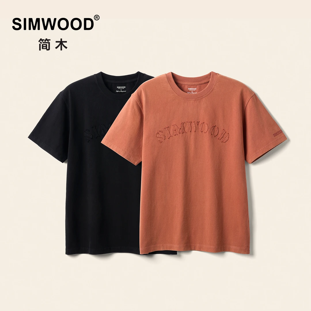 SIMWOOD/简木【宽松版】260g水洗炒色同色贴布绣花短袖T男SO120057