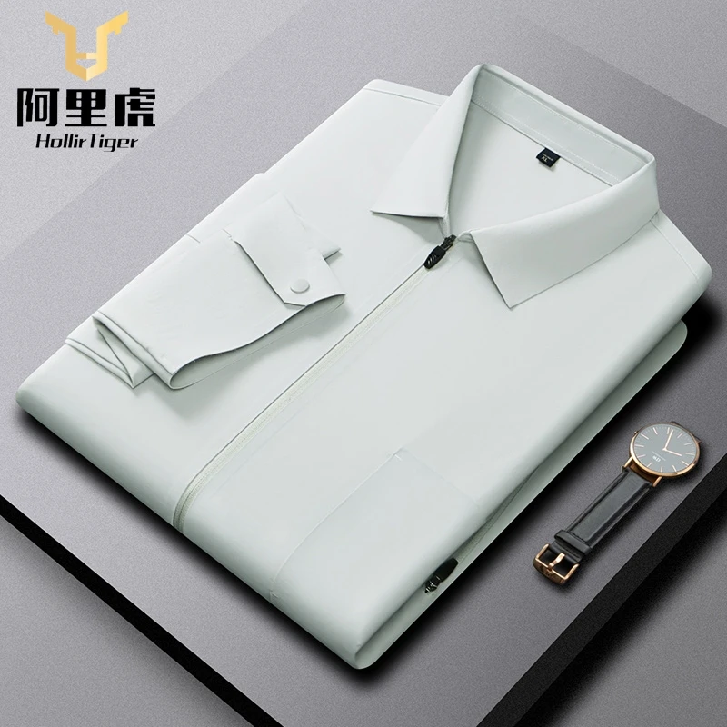 中年男士秋冬季长袖拉链外套衬衫商务休闲纯色百搭外套衬衣t恤衫