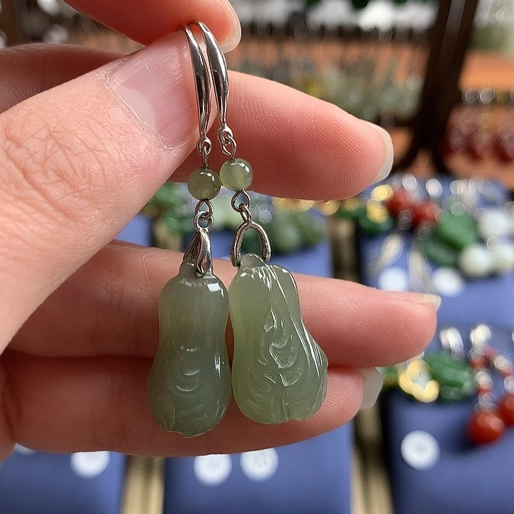 和田玉银S925镶嵌耳饰白菜21.7左右晴水绿