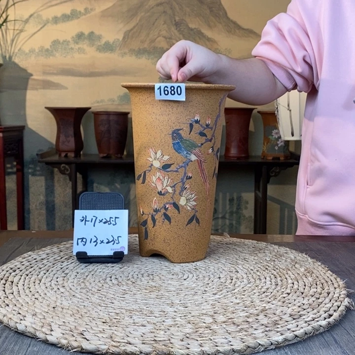 紫砂花盆  柴烧彩绘1680