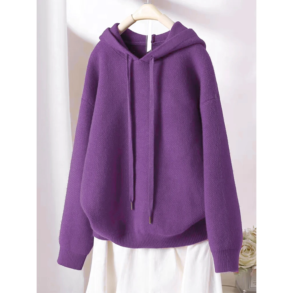 清-汤圆吖紫色宽松字母刺绣抽绳慵懒风连帽套头针织毛衣303324