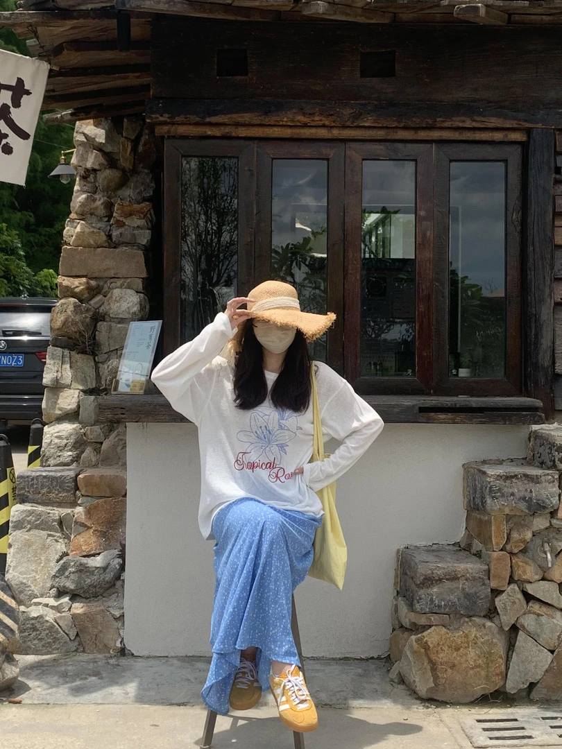 宽松休闲慵懒风印花罩衫女春夏舒适百搭长袖T恤