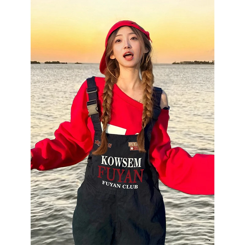 KSKM深蓝色工装背带裤女2025春秋新款美式设计刺绣字母直筒阔腿裤