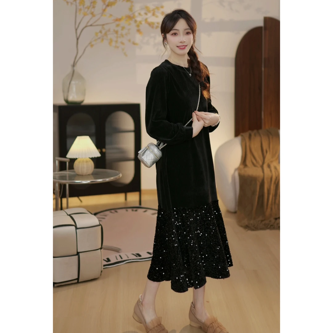 【星河璀璨X】轻奢风宽松双面雪呢绒拼接亮闪闪鱼尾气质显瘦连衣裙