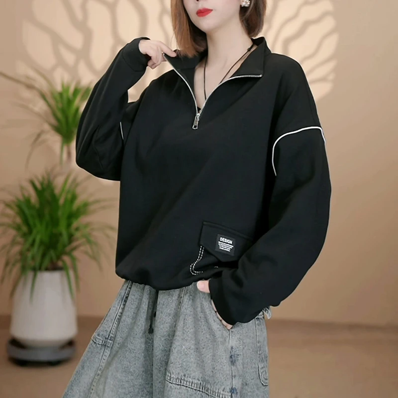 【语花舍】秋季新款宽松立领套头款女拉链卫衣韩版女装简约运动上衣