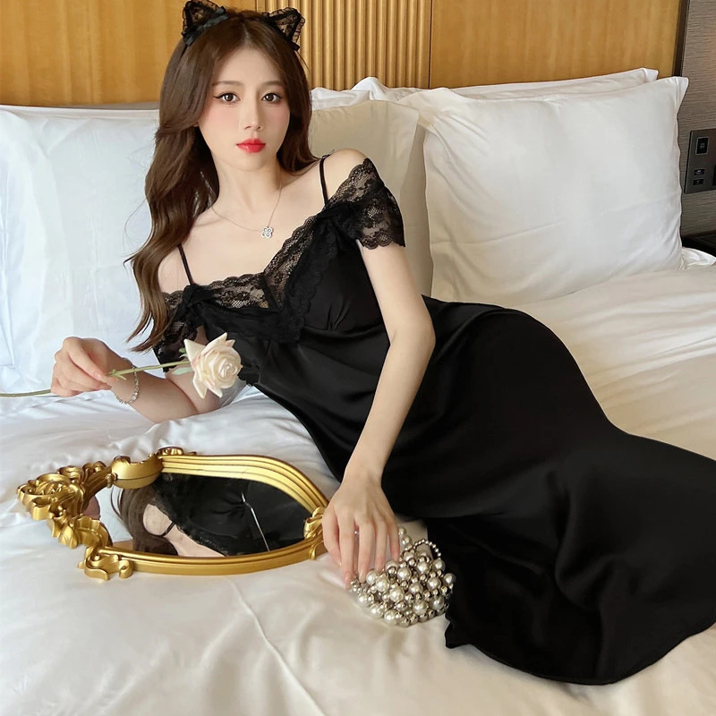 睡裙带胸垫女夏纯高级感蕾丝家居服薄款一字肩冰雪丝长裙仿真丝否