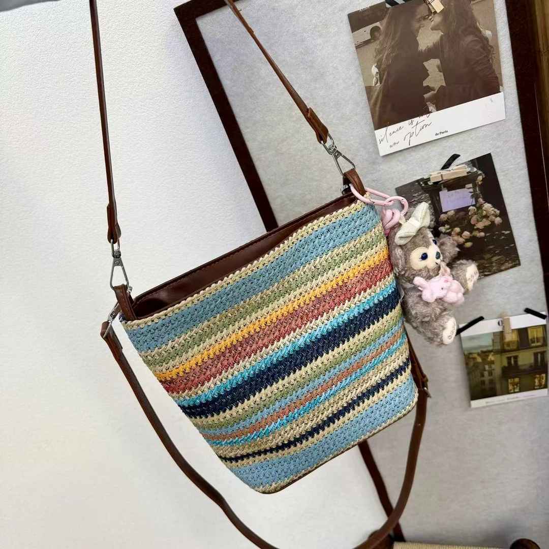 【缤纷沙滩】彩色草编小包包2025夏季新款单肩腋下包时尚编织水桶包