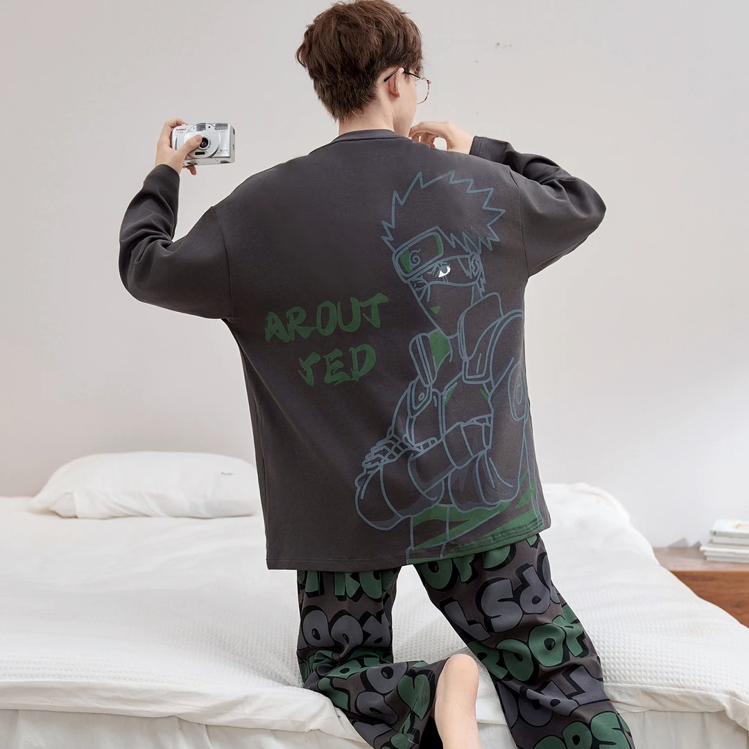 男士纯棉睡衣圆领长袖2025年秋冬款大码青少年卡通学生可外穿套装