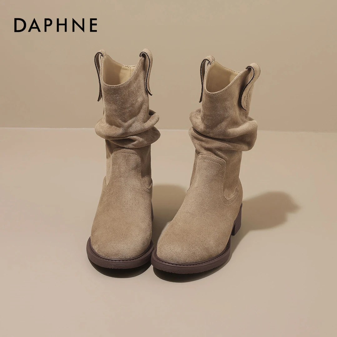 达芙妮堆堆靴女2025夏季新款爆款靴子美拉德西部牛仔靴粗跟中筒靴