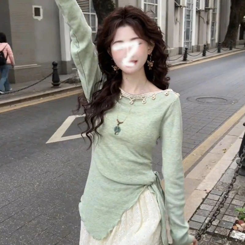 森系不规则绑带拼接T恤女2025秋新修身显瘦设计感气质通勤上衣