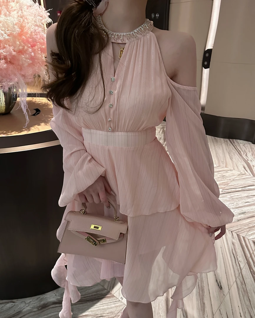 馨儿自制【粉妆玉砌】荷叶边挂脖露肩连衣裙海边度假风仙女XZ40914