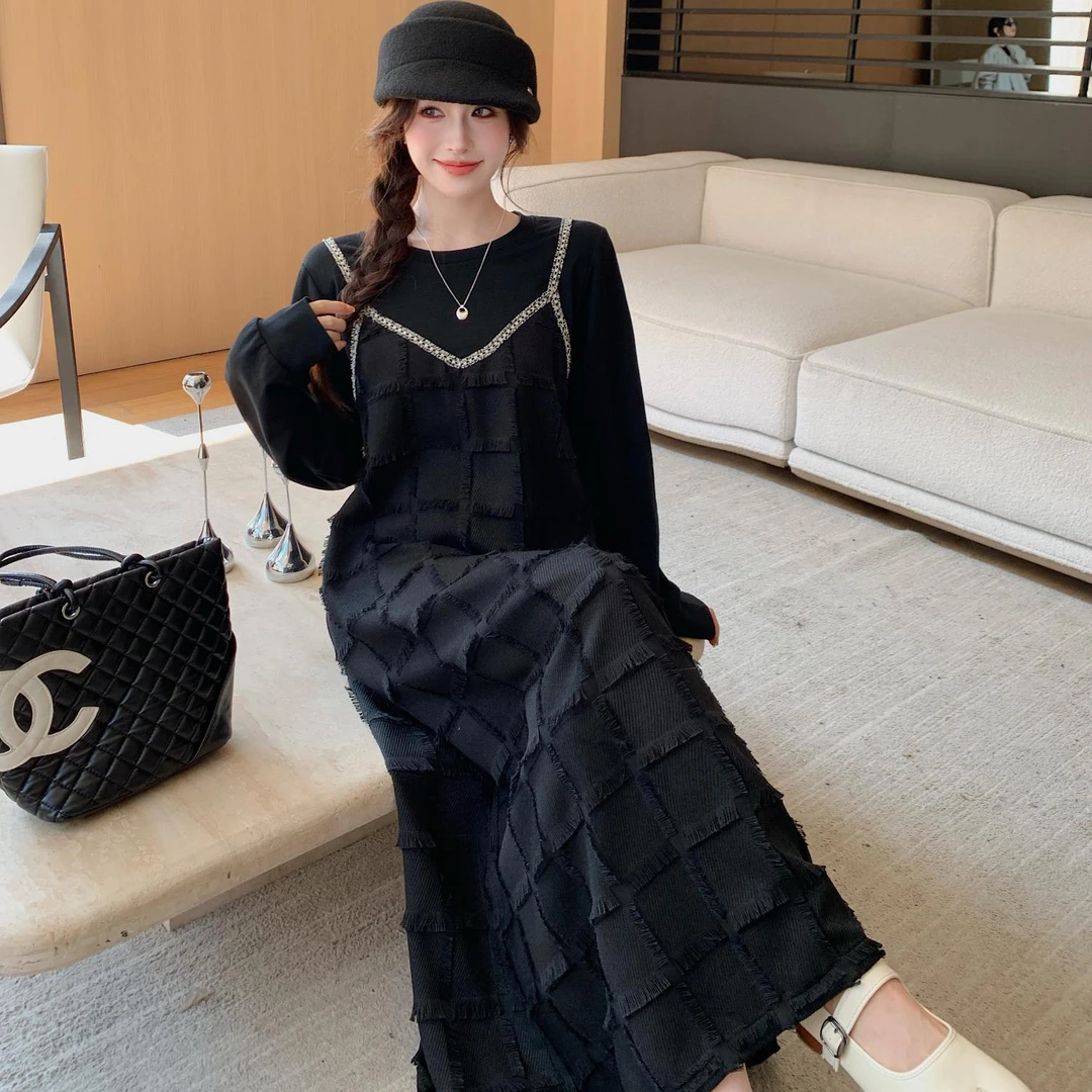 2024秋季新款大码女装胖mm赫本风假两件吊带裙开叉小众长袖连衣裙