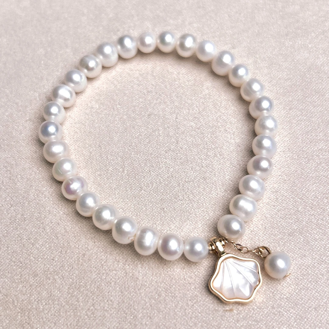 【 白月光 】6-7mm天然淡水无核珍珠贝母手链0512