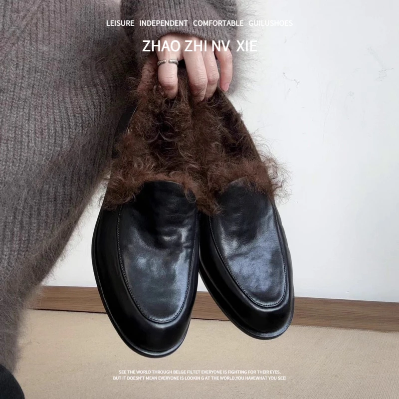 羊皮版~2025秋冬新款英伦风乐福鞋女一脚蹬通勤小皮鞋黑色毛毛鞋