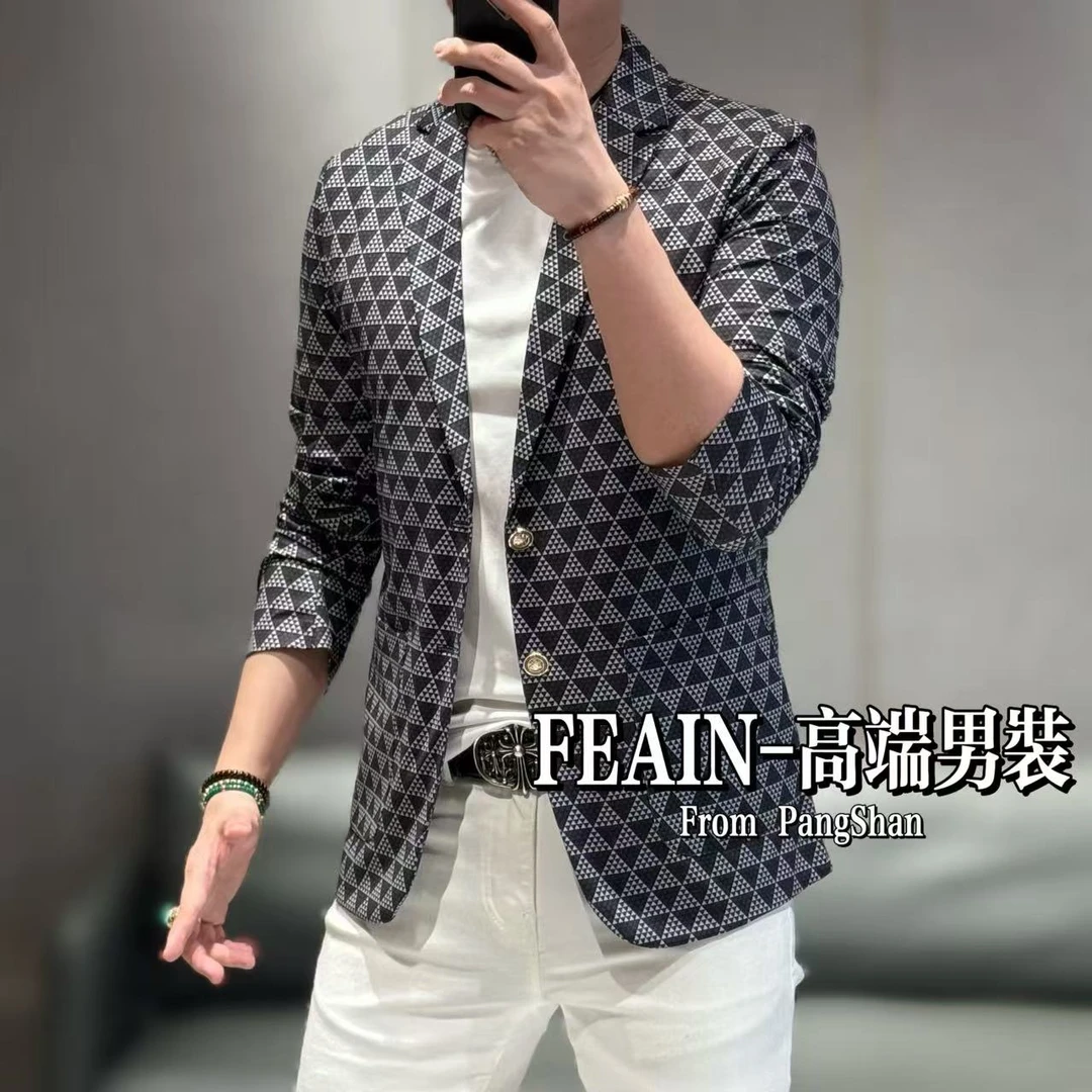 高端男士弹力莱卡全身满花三角图案印花修身裁剪小西装6621