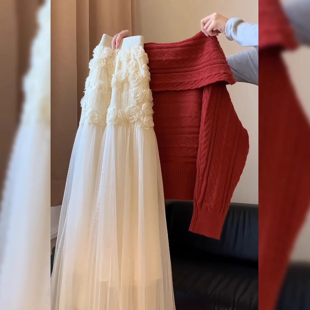 圣诞穿搭冬季2025新款慵懒高级感针织衫内搭上衣一字肩红色毛衣女