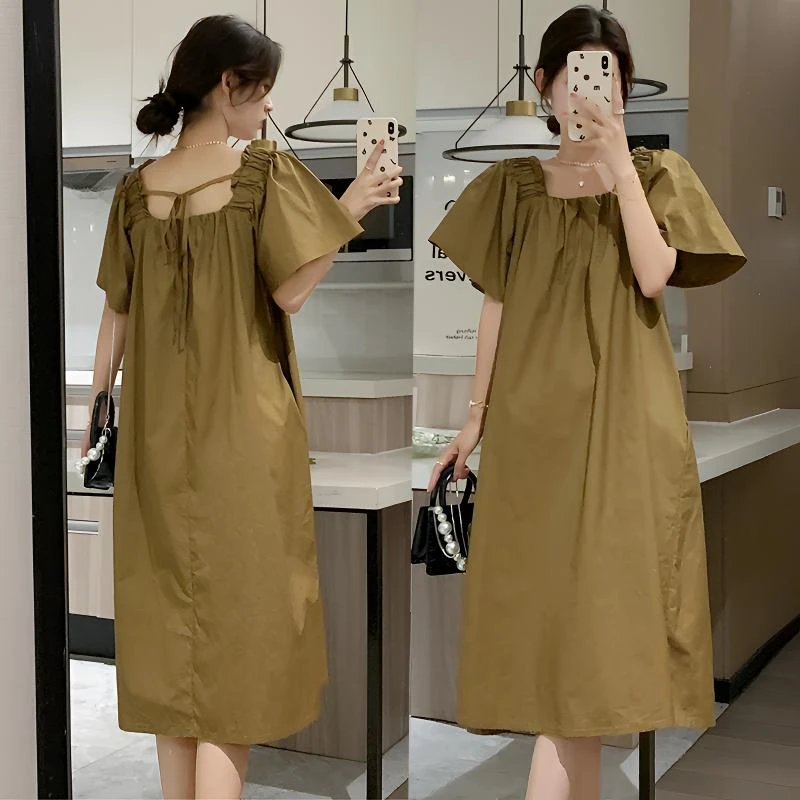 夏季孕妇方领连衣裙宽松遮肚显瘦露背性感怀孕中后期大码中长裙子