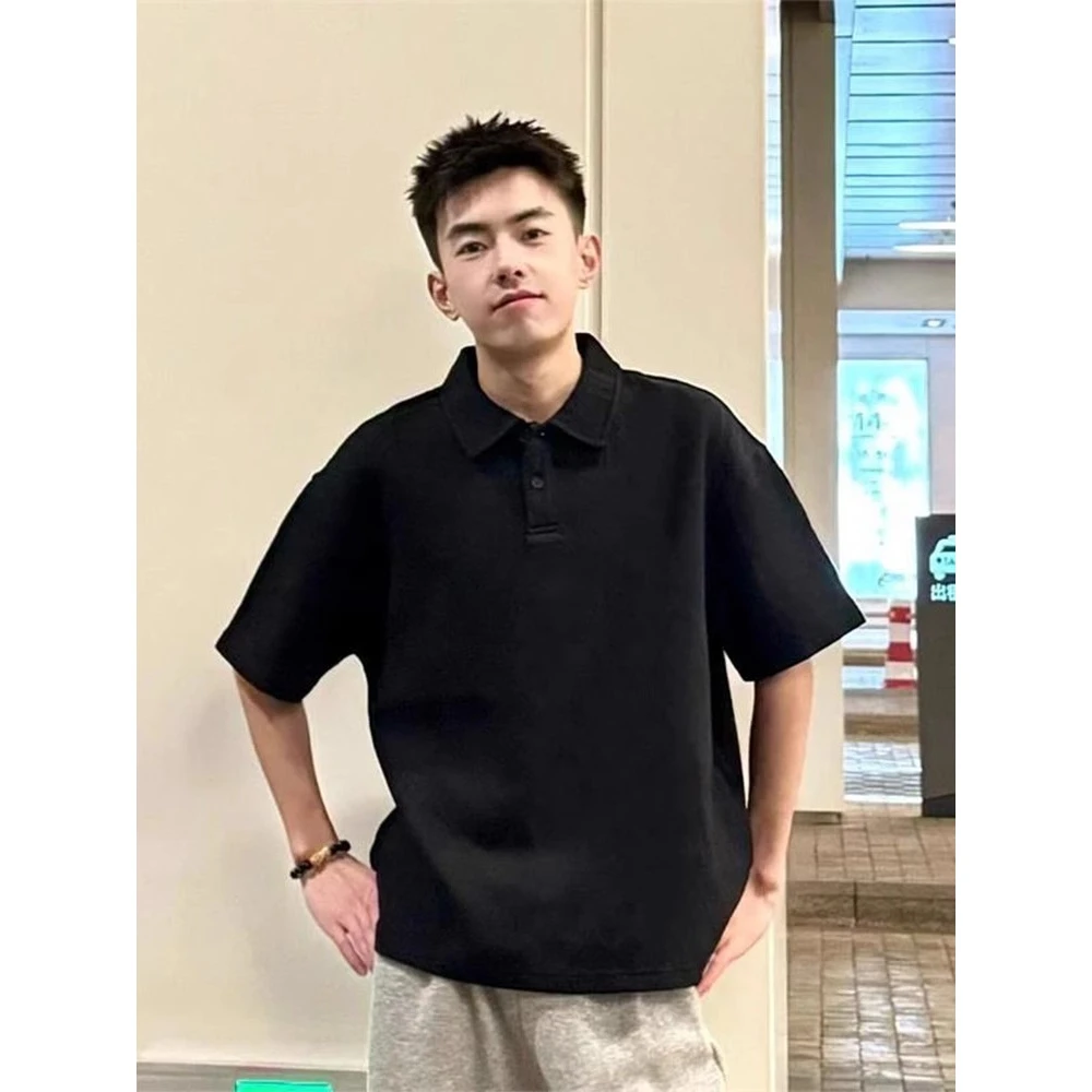 硬汉风polo领重磅正肩短袖t恤男夏季美式复古潮牌痞帅大码五分袖