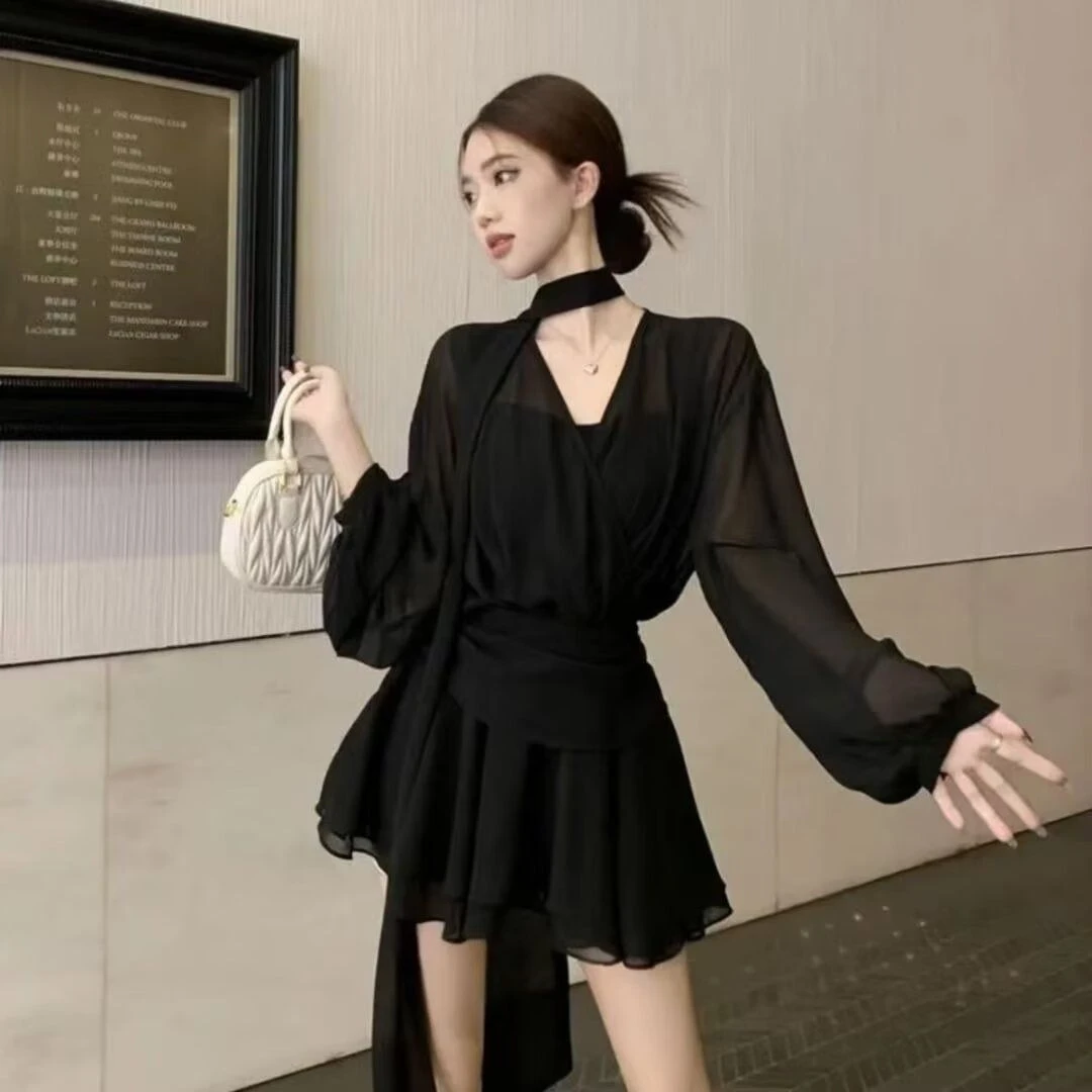 楠哥微胖mm黑色V领长袖衬衫连衣裙女夏大码性感收腰显瘦短款裙子