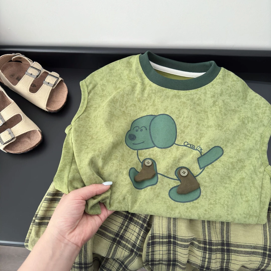 儿童背心套装2025新款男女童无袖坎肩防蚊裤两件套宽松上衣格子裤