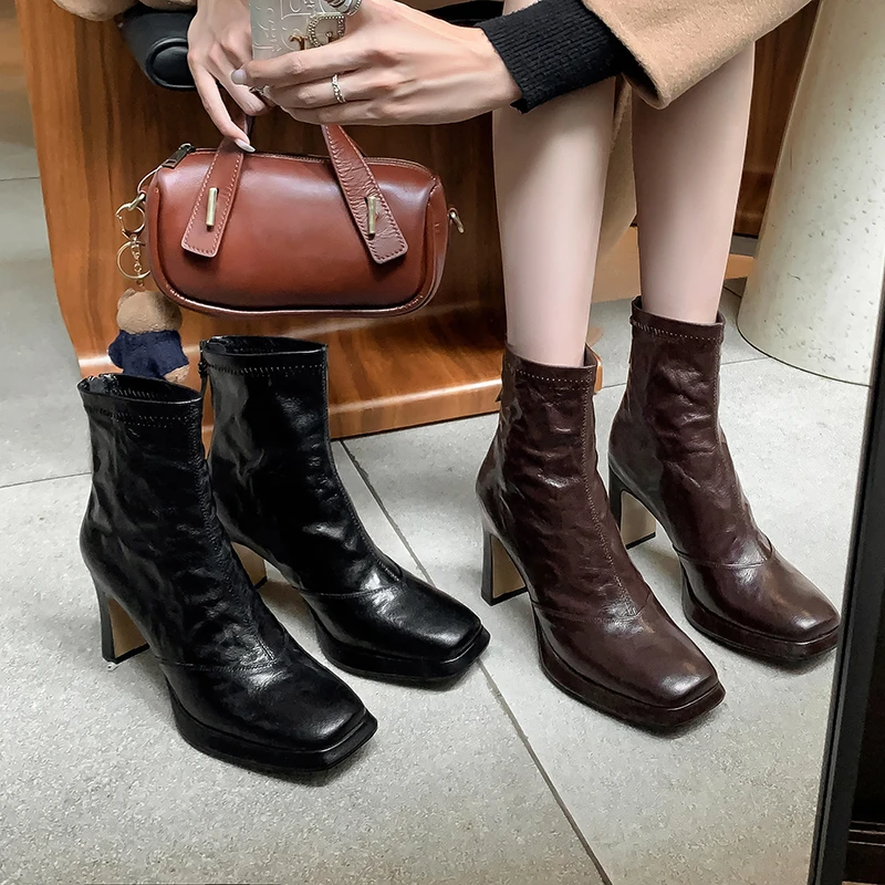 XIAOQI秋冬季方头短靴高跟时尚百搭真皮中跟瘦瘦靴气质英伦风