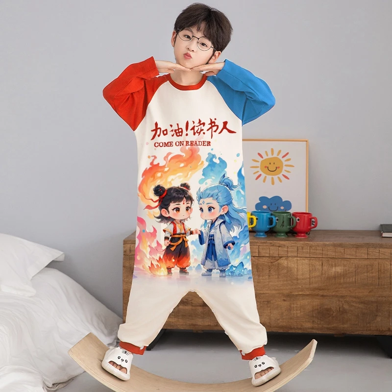儿童睡衣男孩连体衣春秋季纯棉小男童宝宝爬服连身衣中大童家居服