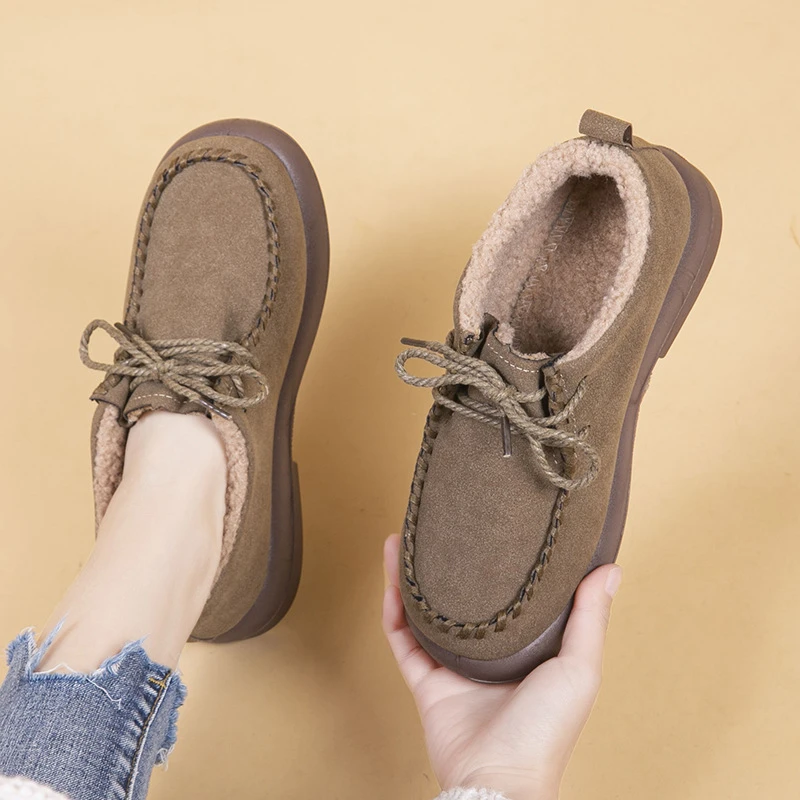 冬季保暖雪地靴女新款加厚加绒复古风一脚蹬外穿牛反绒豆豆棉靴