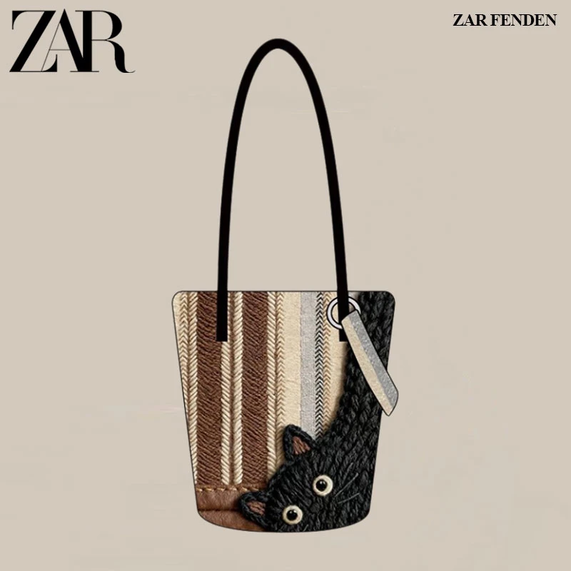 ZAR FENDEN午后小憩潮流猫咪印花手提单肩可斜挎长水桶女士帆布包