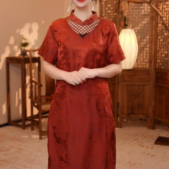 7317新款国风镂空领口提花连衣裙