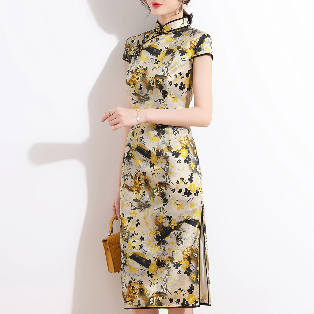 金菊 国风系列！走向辉煌立领盘扣旗袍夏季桑蚕丝中长款短袖连衣裙