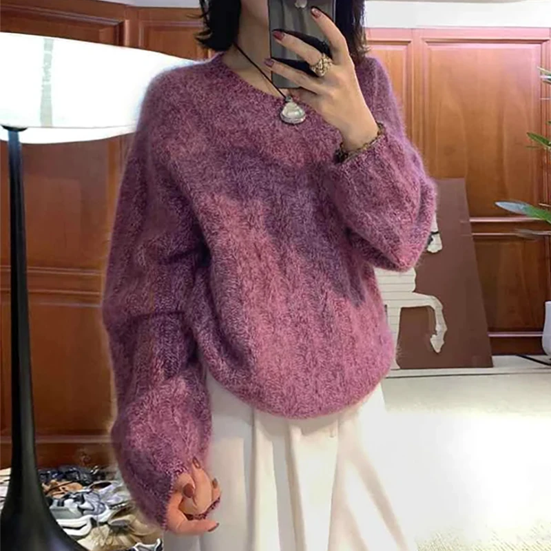 复古慵懒风紫色针织衫毛衣女2025春秋季新款时尚百搭打底长袖上衣