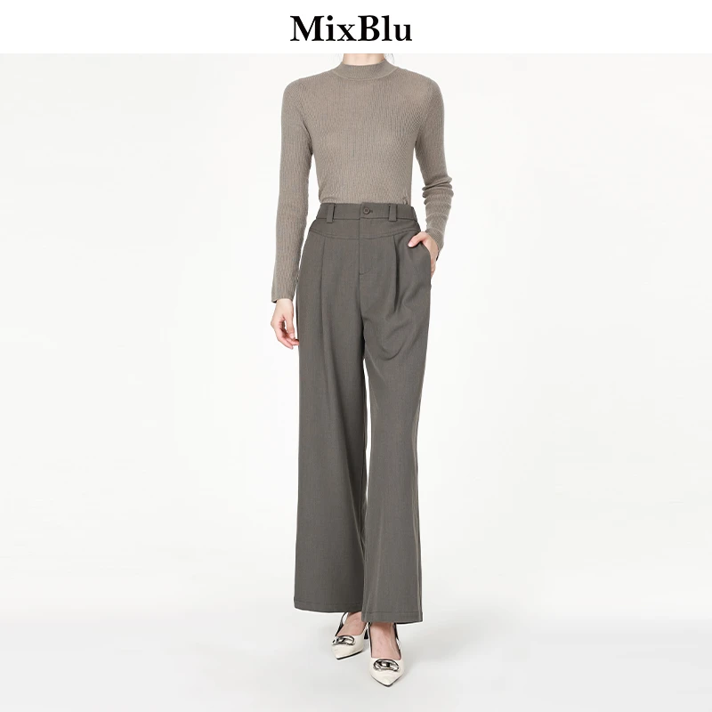 Mixblu绿灰直筒休闲裤女冬季2023新款百搭时尚减龄气质显瘦阔腿裤