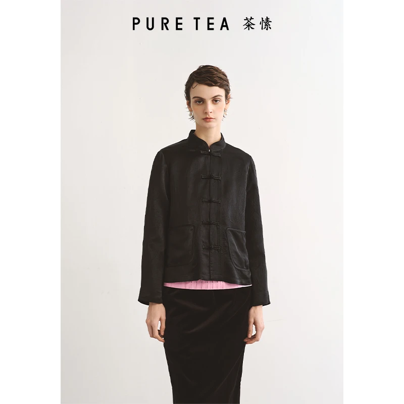 【东方文艺】茶愫黑色醋纤短外套女新中式盘扣2025新款KH0101D11