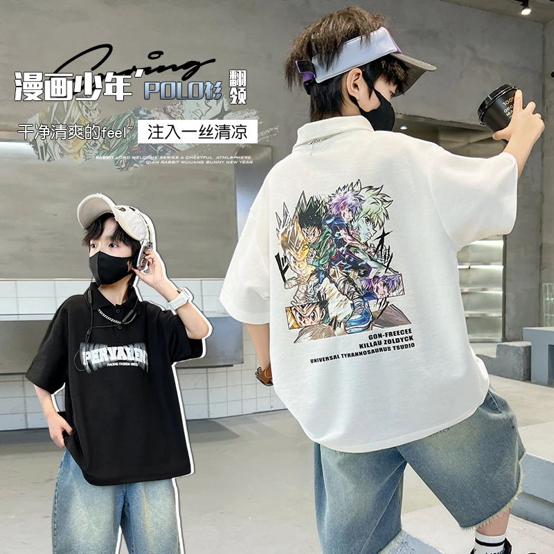 男童白色短袖polo衫T恤夏季2025新款宽松动漫中大童宽松翻领打底T