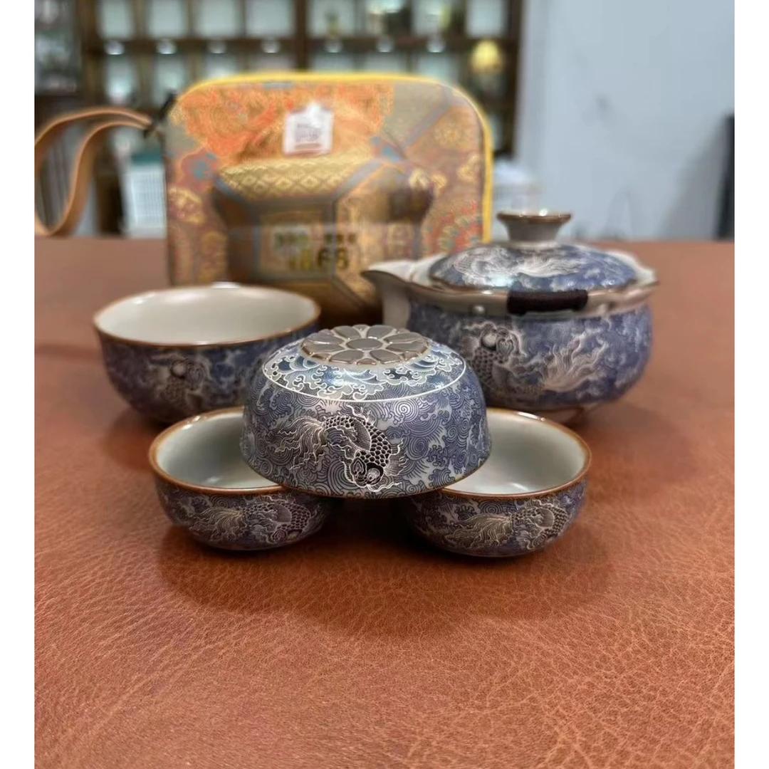 颜荣聪掐丝描银鱼跃龙门一壶四杯旅行茶具0020
