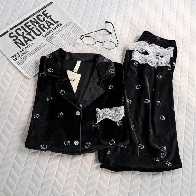 黑金Kitty韩版金钻绒秋冬睡衣女春秋季长袖长裤高级感家居服套装