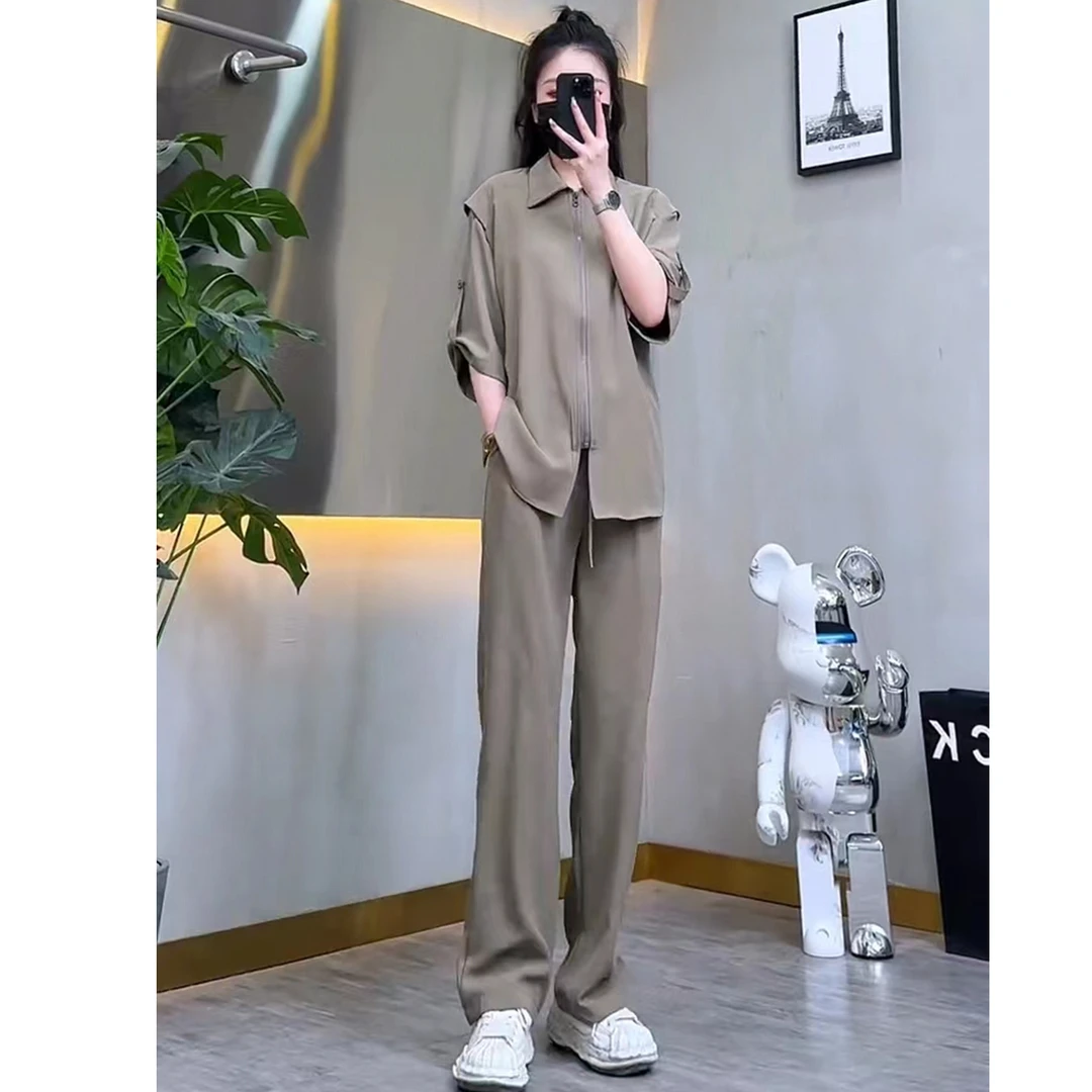 夏季新款男士简约冰丝套装时尚休闲衬衫直筒裤两件套痞帅百搭