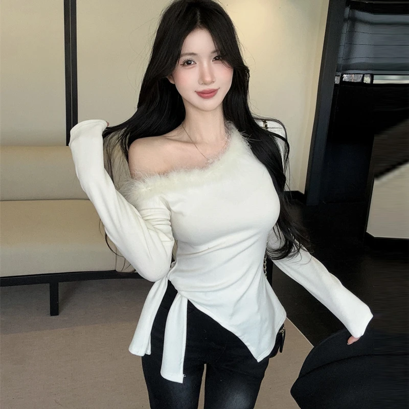 辣妹纯欲风一字领毛毛露肩上衣女秋冬女款不规则系带内搭打底衫潮