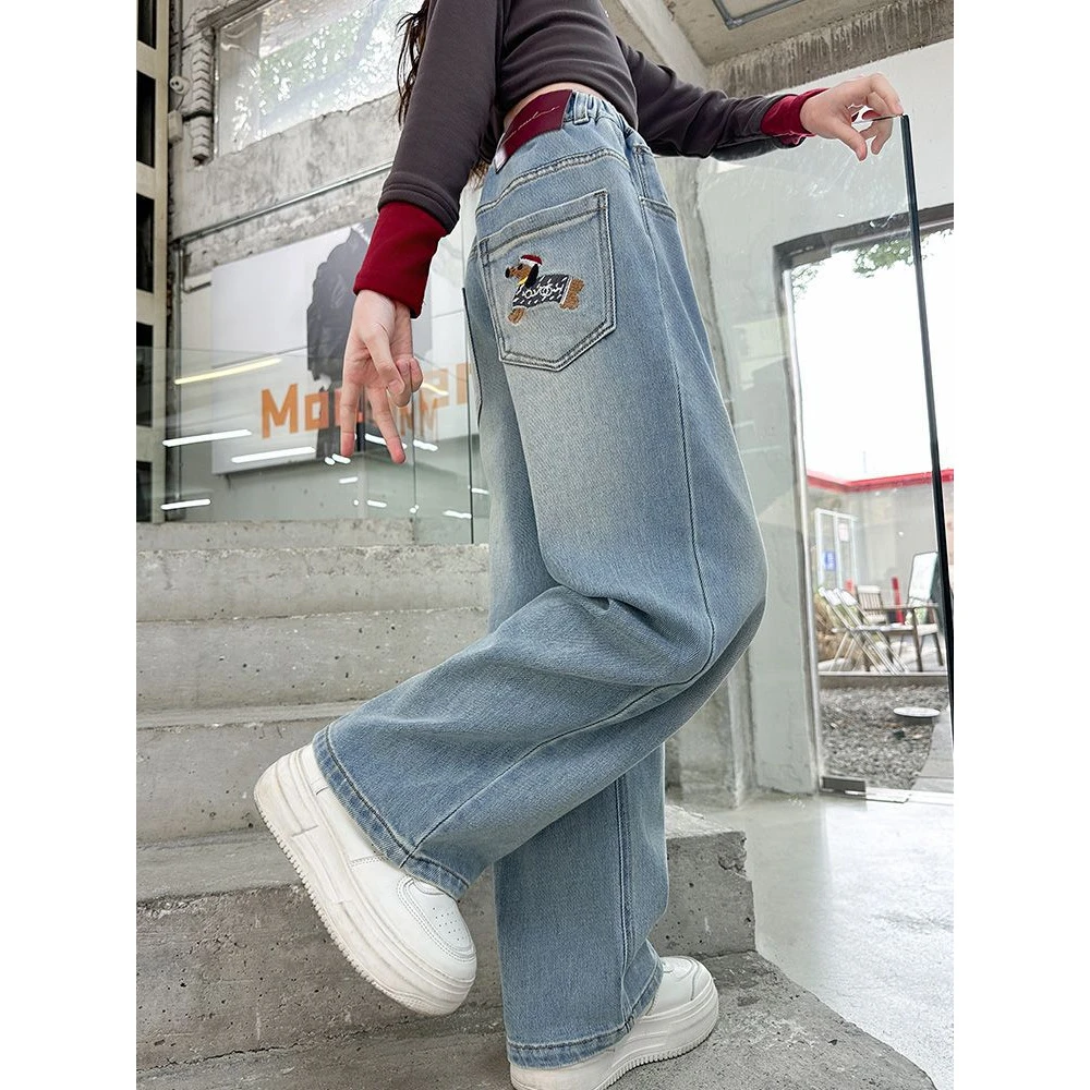 女童直筒牛仔裤春秋款2025新款儿童中大童宽松时尚阔腿裤长裤春装