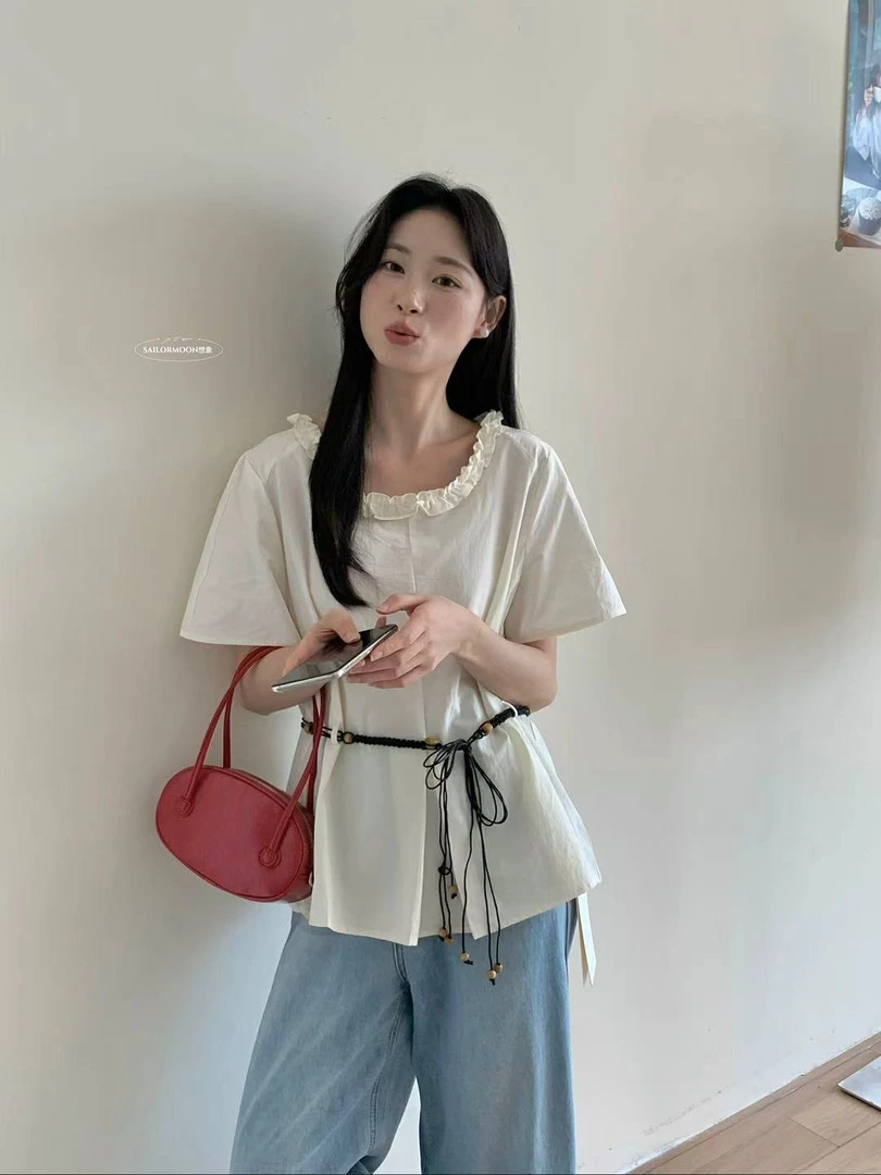 想象@51312 韩系百搭方领花边配串珠腰绳小衫 6-5