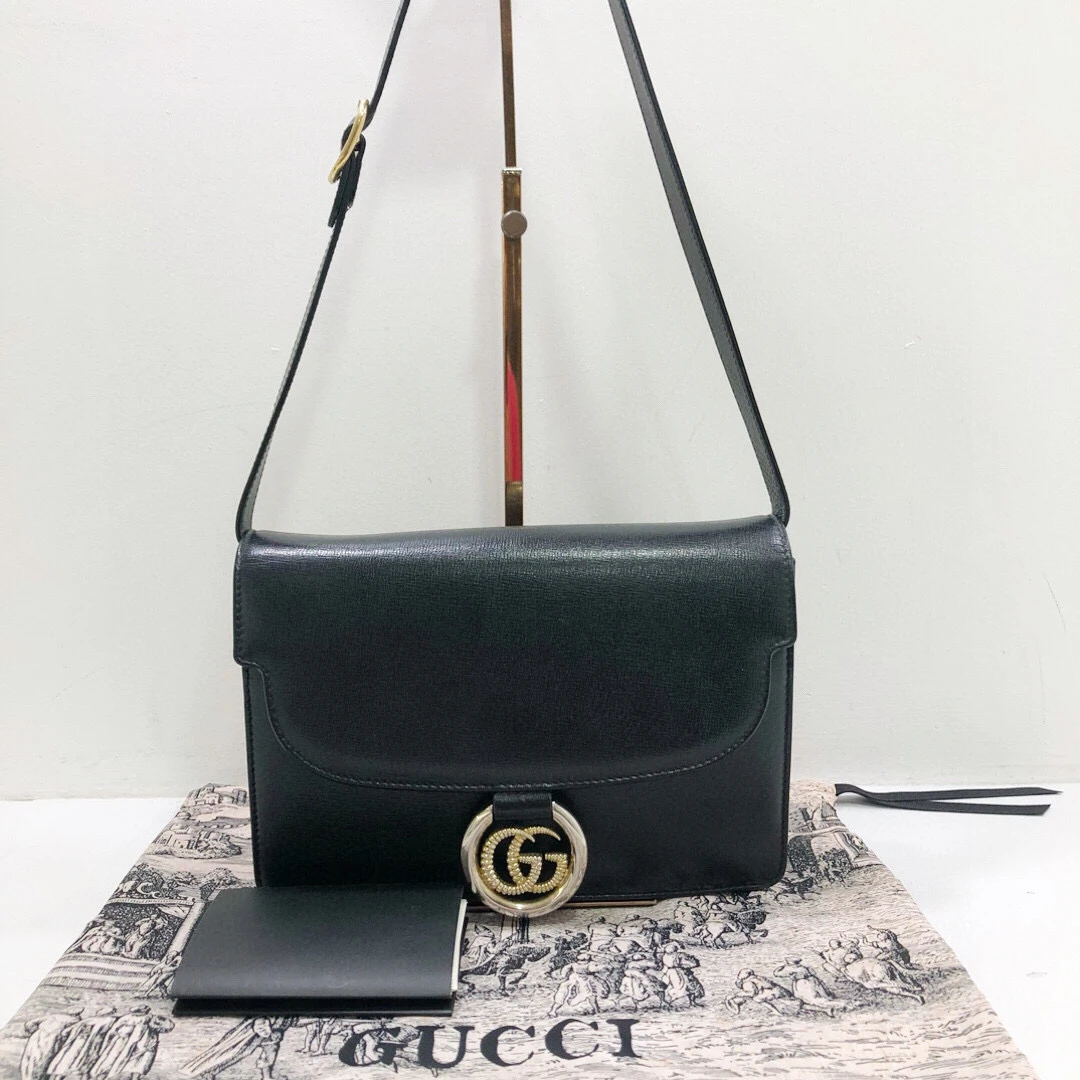 95新 GUCCI/古驰 全皮黑金单肩斜挎邮差包