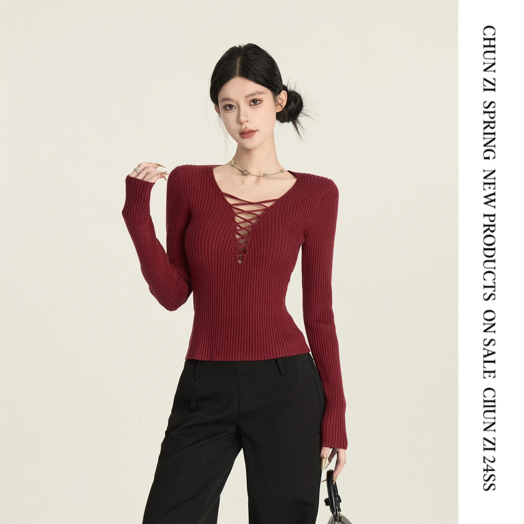 【CHUN ZI】【纯欲天花板】气质性感绑带镂空针织衫打底内搭显瘦
