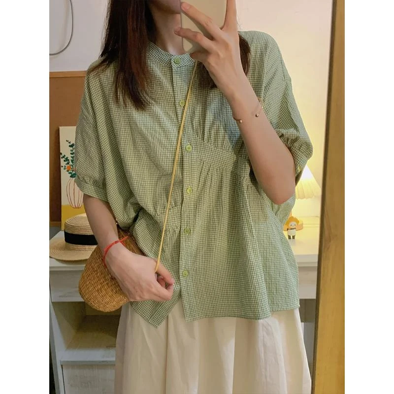 绿色小清新短袖衬衫女夏季法式气质宽松衬衣小衫防晒衫设计感上衣