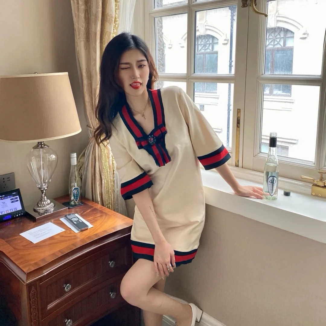 99新 GUCCI/古驰 蝴蝶结短袖连衣裙 m码 01305