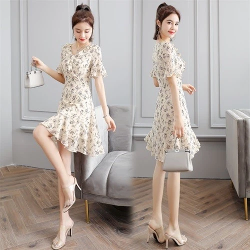 小个子雪纺碎花连衣裙中长款2025年夏季新款气质减龄显瘦裙子