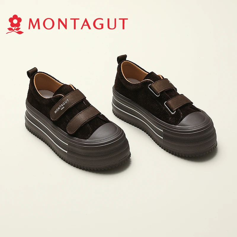 Montagut/梦特娇增高2025秋新时尚厚底休闲舒适魔术贴女松糕板鞋
