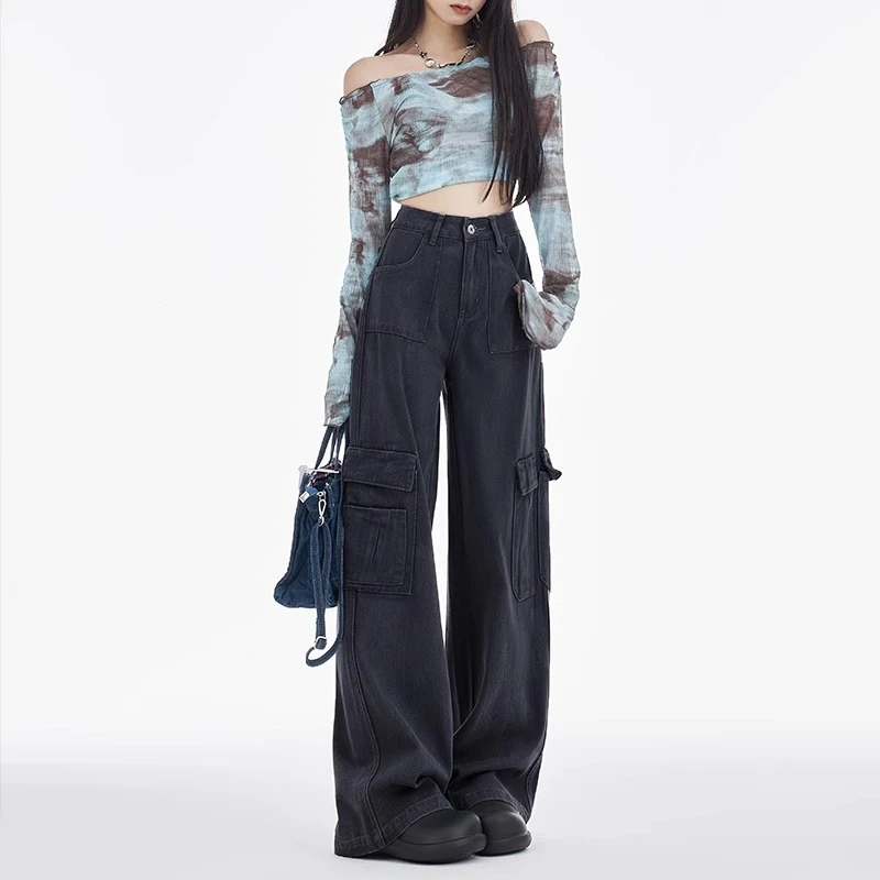 美式高街阔腿工装裤女2025春秋新款高腰显瘦直筒宽松高个子拖地裤