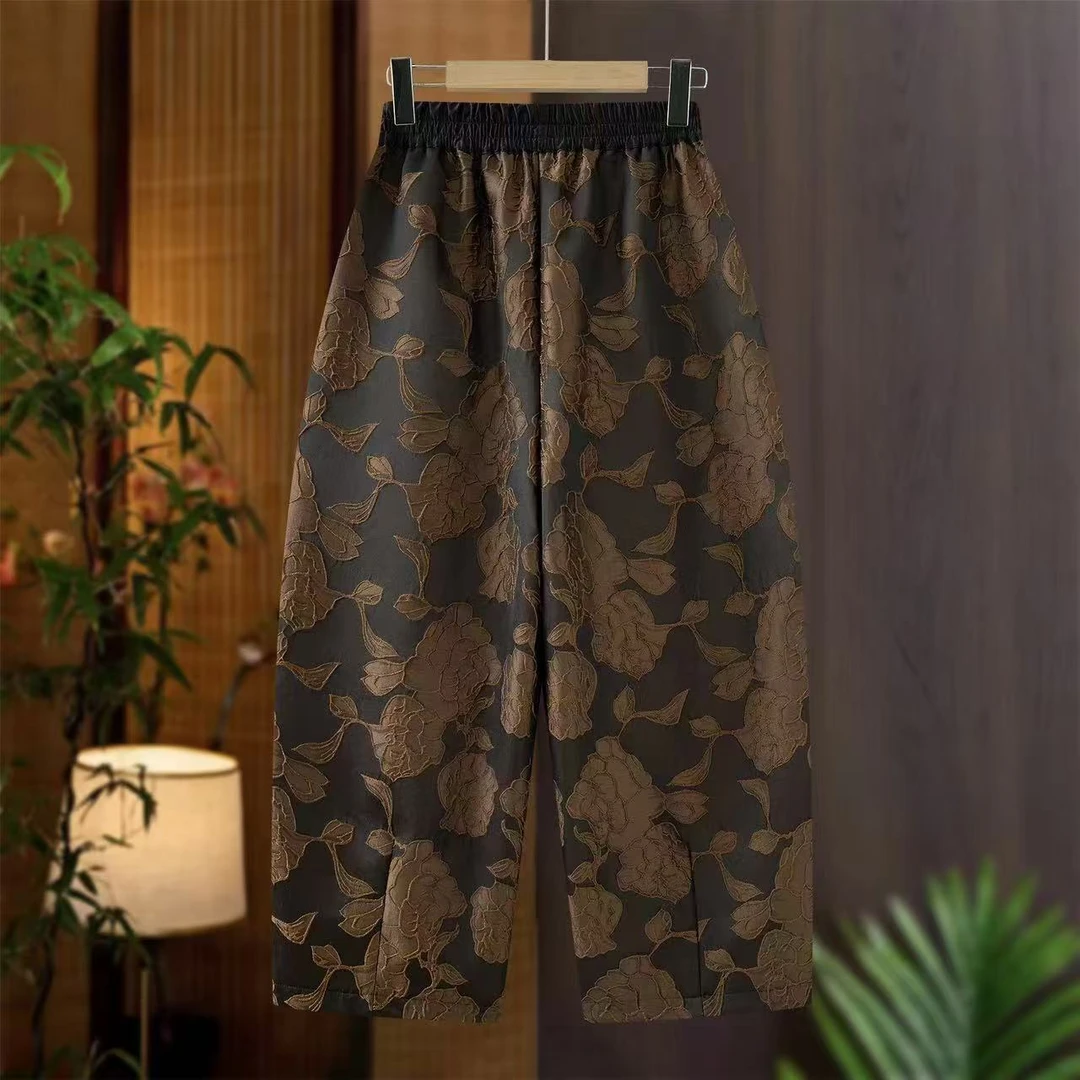 新中式织锦气质复古宋锦浮雕织锦百搭加绒加厚阔腿花苞裤DFYX