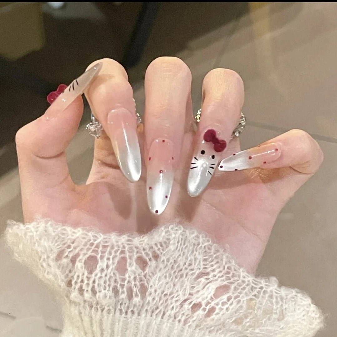 【丝绒KT猫】纯手工kitty穿戴甲酒红色波点可爱手绘学生美甲指甲片